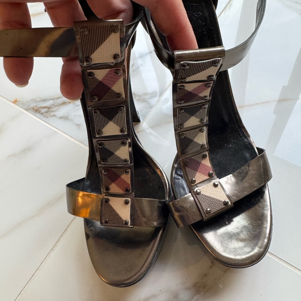 Burberry Black and Silver Stiletto Sandals with Ankle Strap